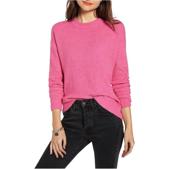 NWT Something Navy Oversized Flecked Crewneck Sweater in Pink Shock Size XS NEW - Picture 1 of 15